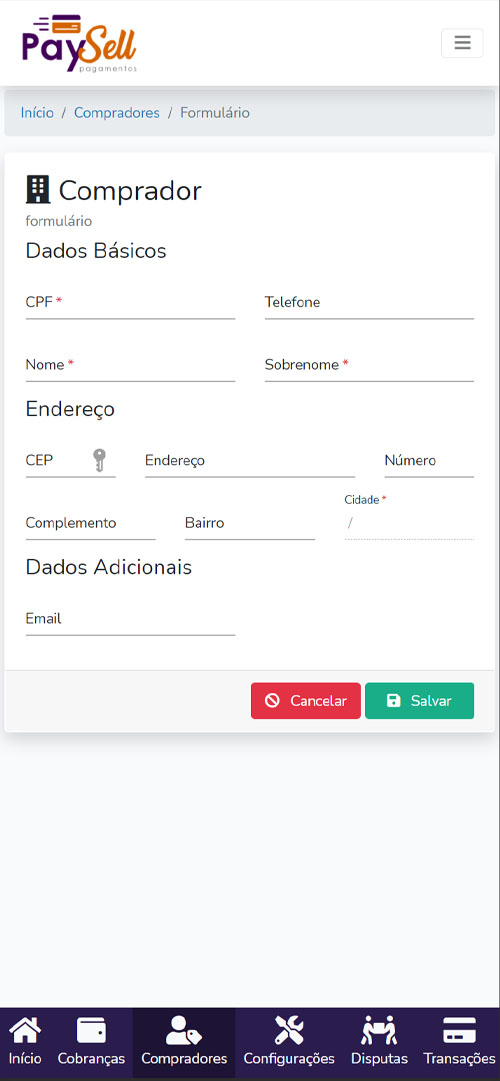 Tela de comprador do Administrativo do Cartão